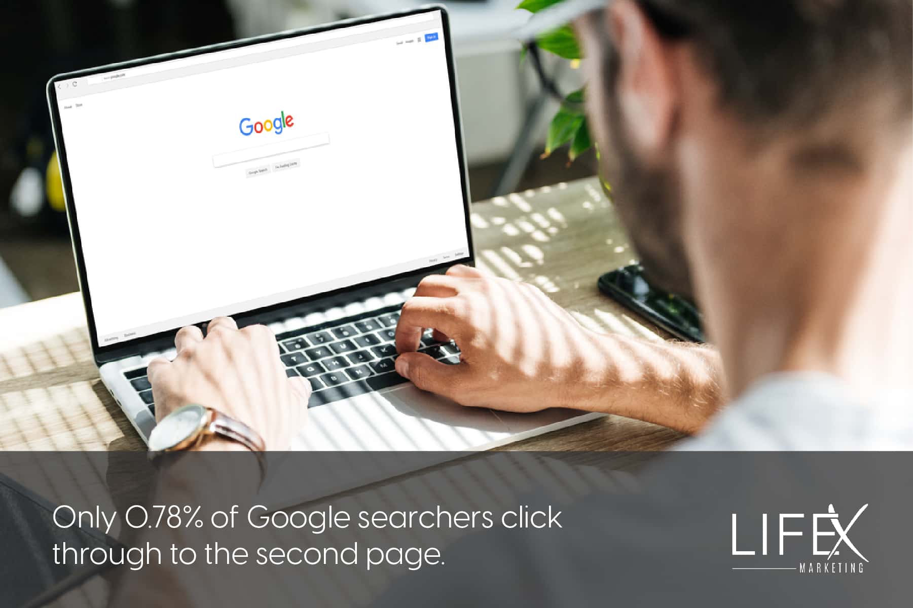 text graphic about second page results, with an over the shoulder view of a laptop open to a google search