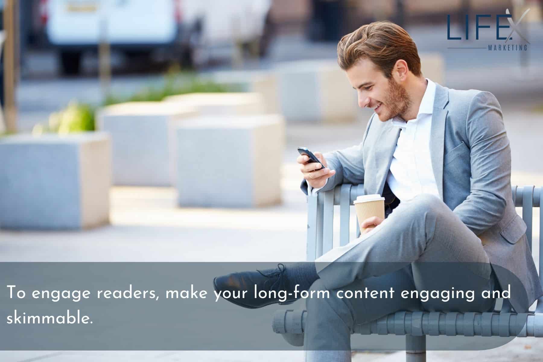 text graphic with white male professional viewing a smartphone